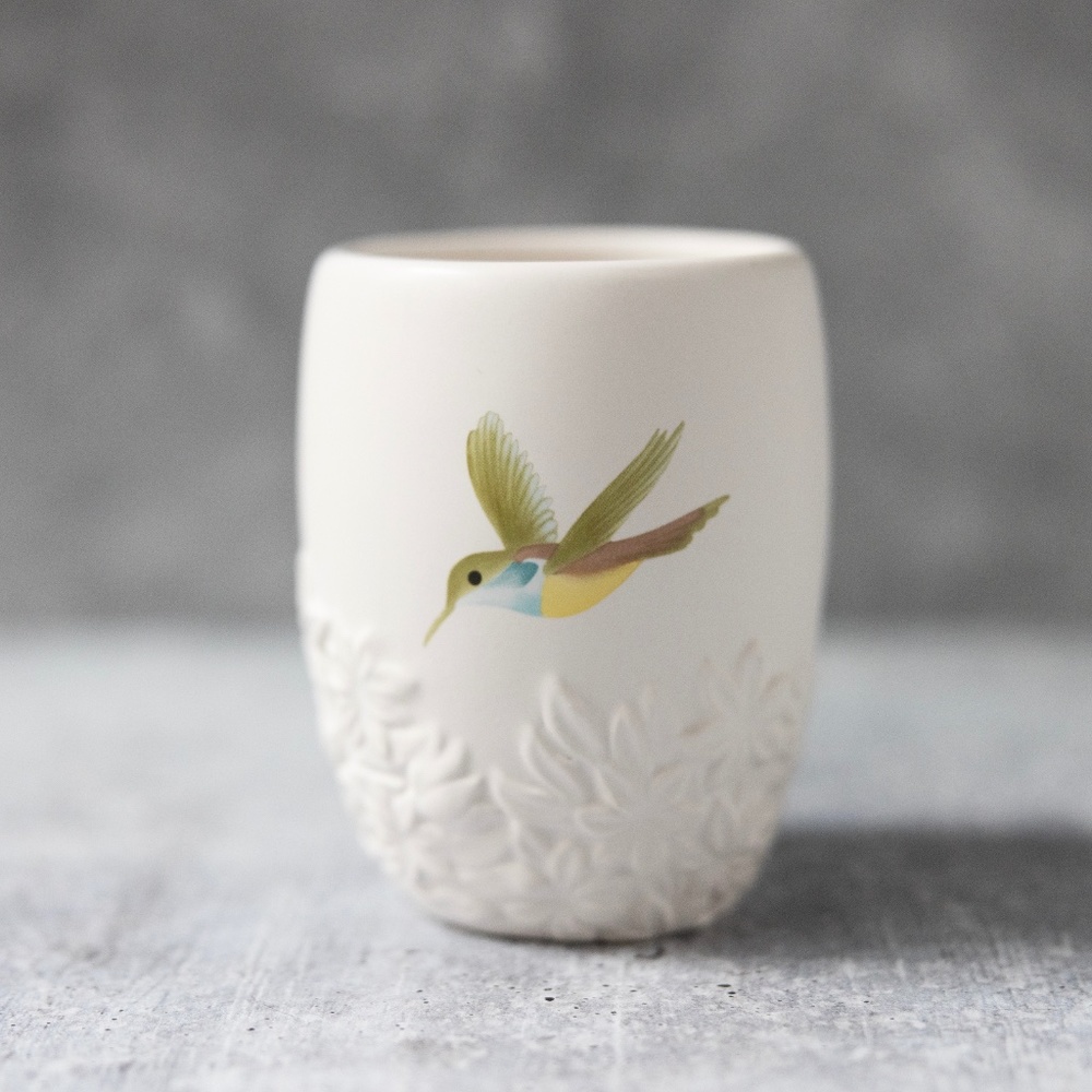 White floral ceramic hummingbird bathroom cup planter vase